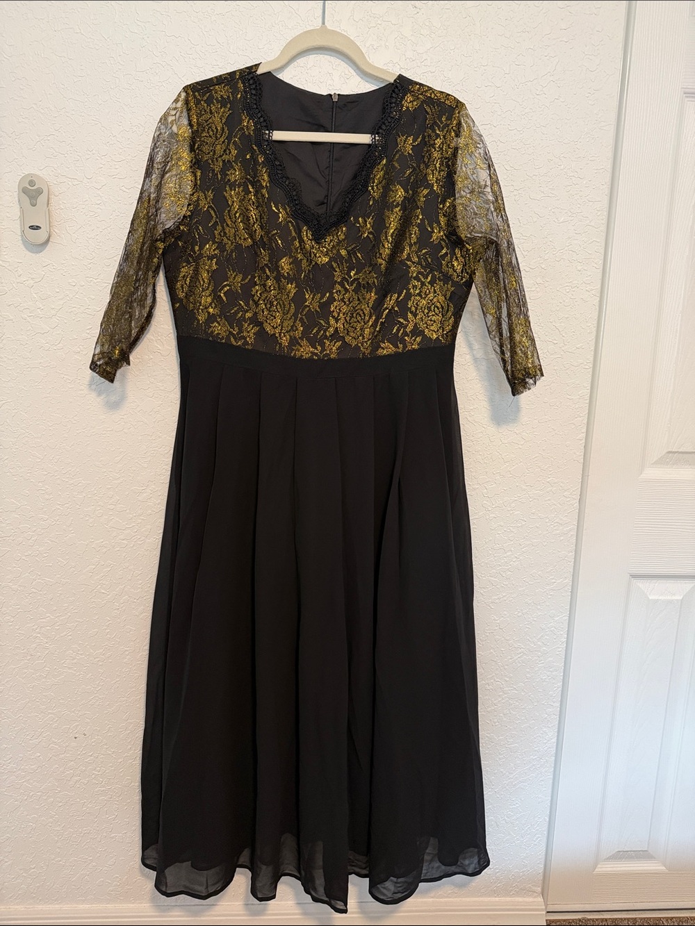 Black Midi Dress with Gold Lace Bodice